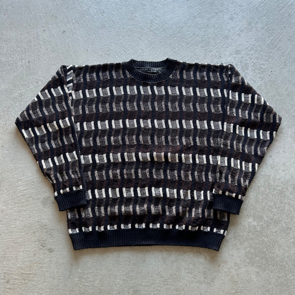Vintage 90s Protege Collection Sweater Size XL Black Striped Geometric Knit‎